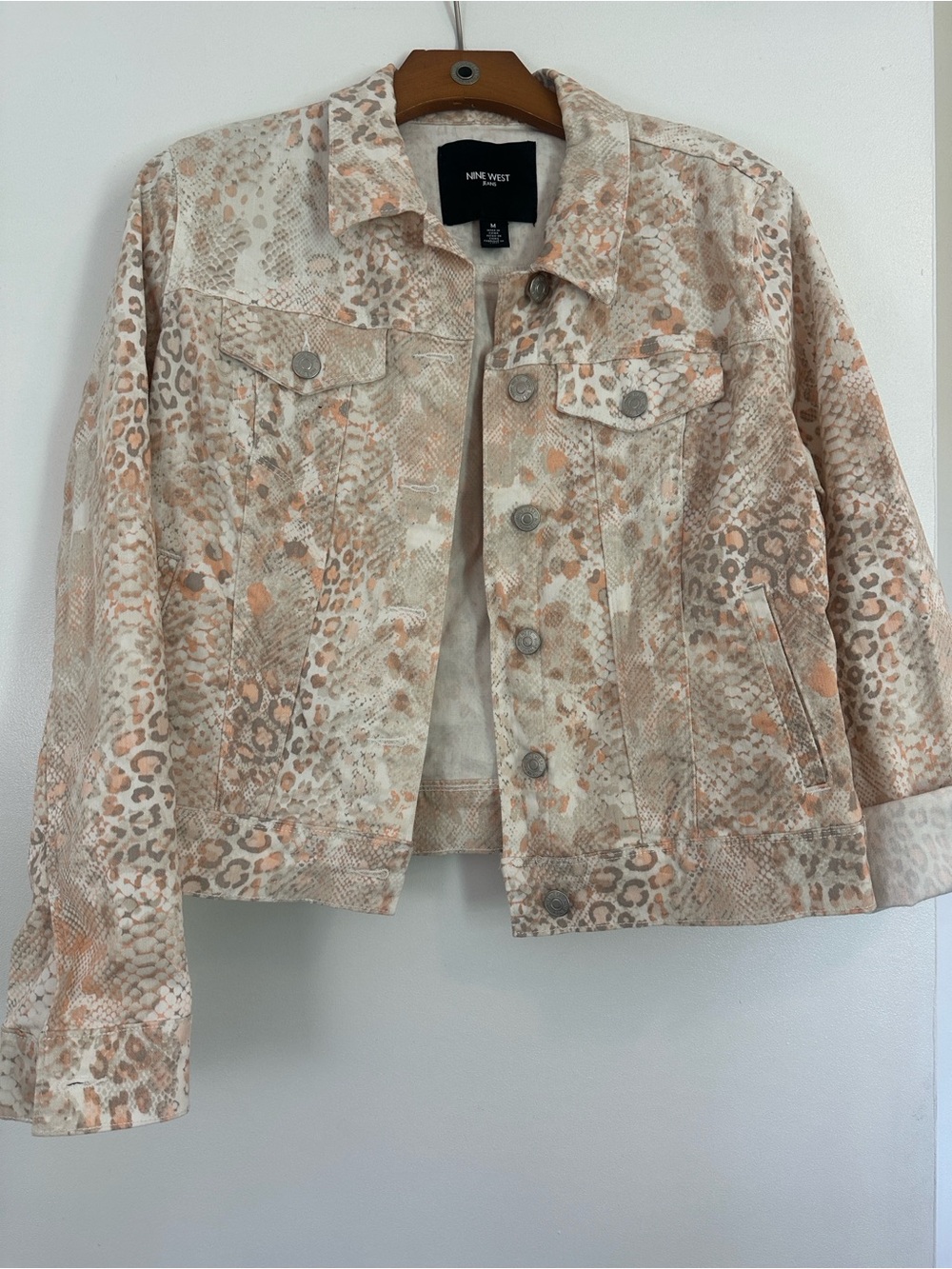 Nine West Cream & Tan Animal-Print Jean Jacket